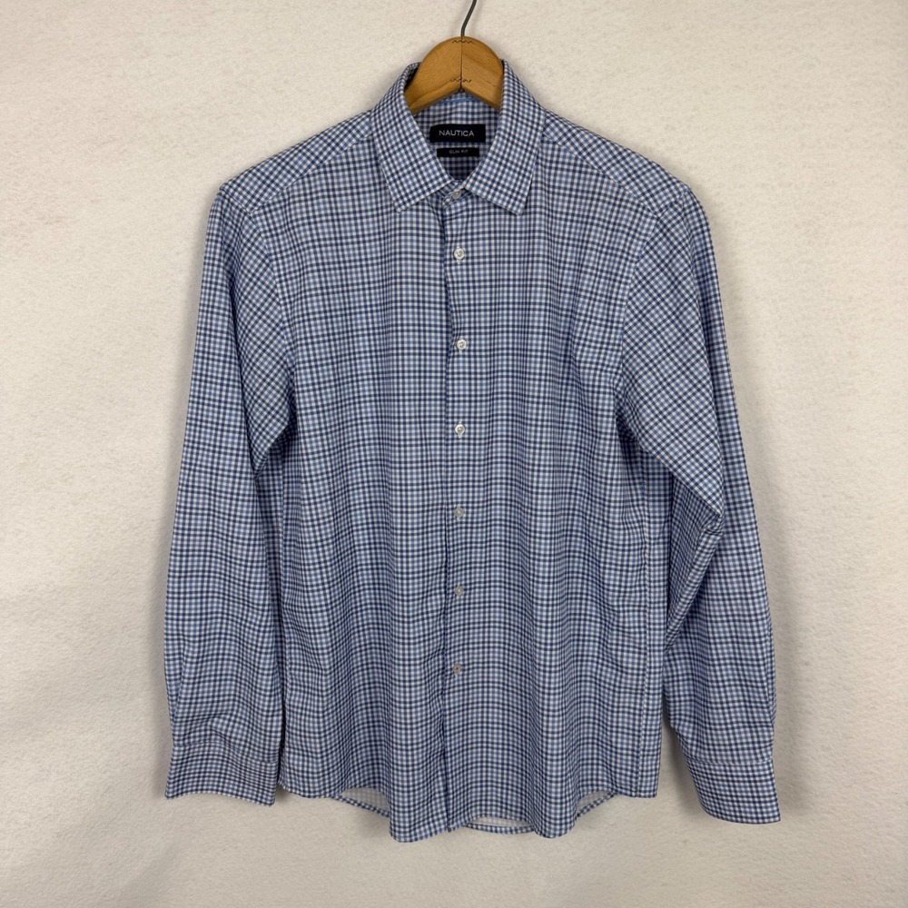 Nautica Button Down Shirt Mens Medium Slim Fit Gingham Long Sleeve Blue - Picture 2 of 10